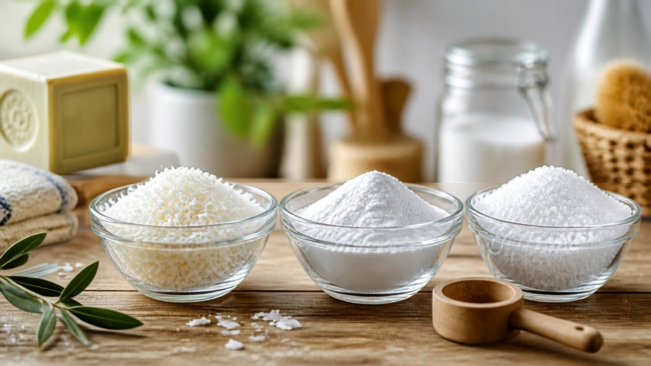 Bouteille en verre de lessive naturelle maison entourée de copeaux de savon de Marseille et de bicarbonate sur une table en bois, illustrant une recette de lessive écologique, économique et faite maison.
