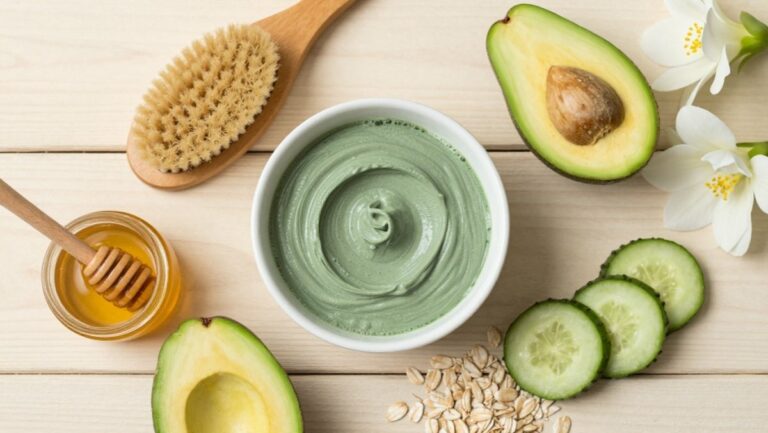 Bol de masque visage maison à base d’argile avec avocat, miel et concombre sur une table en bois, représentant des soins du visage naturels faits maison
