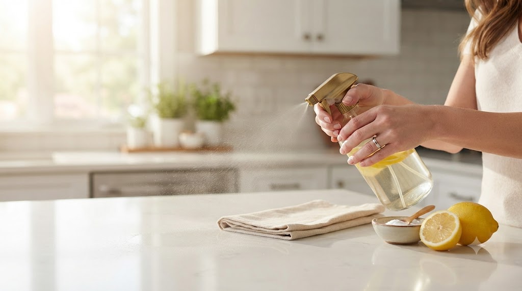 Mains tenant un vaporisateur de produit ménager naturel en train de nettoyer un plan de travail de cuisine lumineux, avec chiffon microfibre et bicarbonate de soude à proximité, illustrant le nettoyage écologique au quotidien avec des astuces de grand-mère