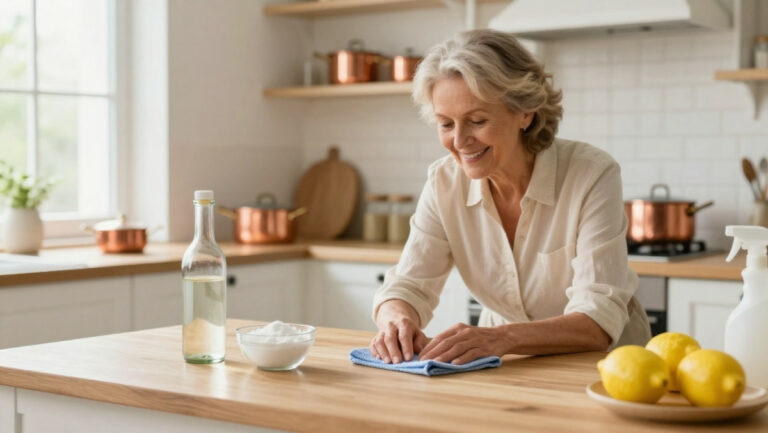 Produits naturels de nettoyage (vinaigre blanc, bicarbonate, citron) pour un ménage rapide et efficace de la maison traditionnelle