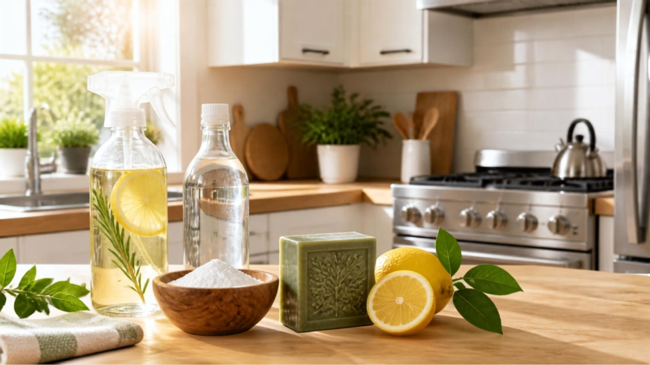 Cuisine moderne et propre avec produits de nettoyage naturels (vinaigre blanc, bicarbonate de soude, savon de Marseille, citrons) posés sur un plan de travail en bois, illustrant le nettoyage écologique de la cuisine sans produits chimiques toxiques.