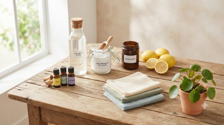 Composition de produits ménagers écologiques sur table en bois : bouteille de vinaigre blanc, pot de bicarbonate de soude, savon noir liquide, huiles essentielles, citrons frais et chiffons microfibres pour un nettoyage naturel et sain de la maison