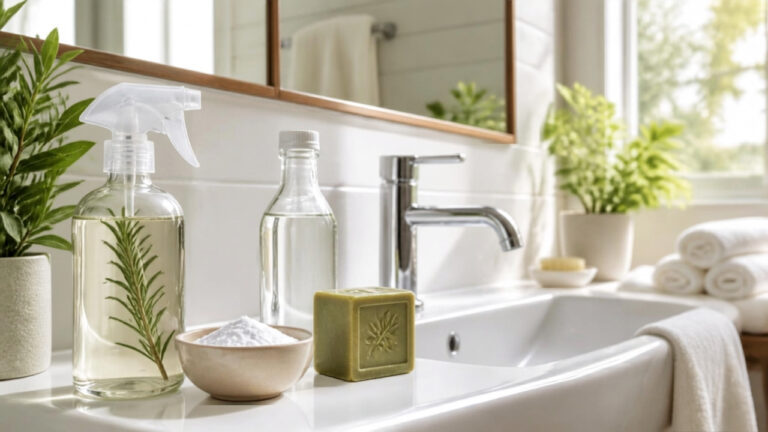 Salle de bain moderne et propre avec produits de nettoyage naturels (vinaigre blanc, bicarbonate de soude, savon de Marseille) posés sur un lavabo en porcelaine blanche, illustrant le nettoyage écologique de la salle de bain sans produits chimiques.