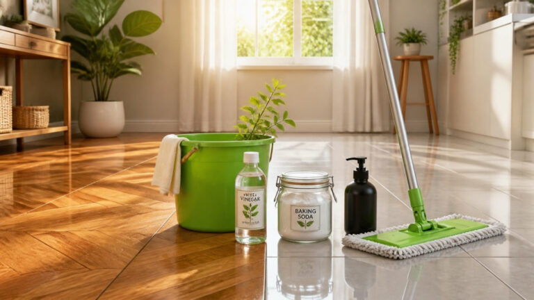 Différents types de sols (parquet en bois et carrelage) avec produits de nettoyage naturels (vinaigre blanc, bicarbonate de soude, savon noir, serpillère microfibre) illustrant le nettoyage écologique des sols sans produits chimiques toxiques.