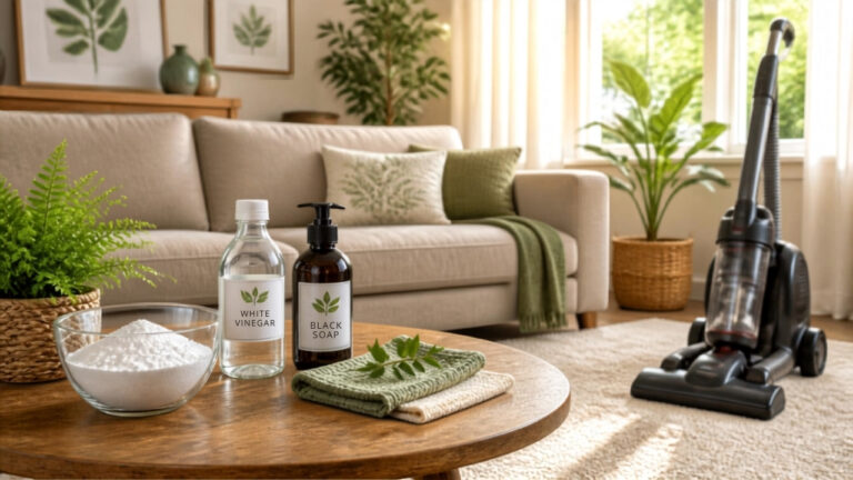 Salon lumineux avec tapis beige et canapé en tissu, produits de nettoyage naturels (bicarbonate de soude, vinaigre blanc, savon noir, aspirateur) sur la table basse, illustrant le nettoyage écologique des textiles d'ameublement sans produits chimiques toxiques.