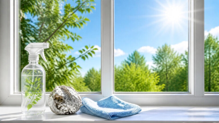 Vitres parfaitement propres et transparentes avec vaporisateur de produit naturel, papier journal et chiffon microfibre sur le rebord de fenêtre, illustrant les astuces de grand-mère pour nettoyer les vitres et miroirs sans traces.