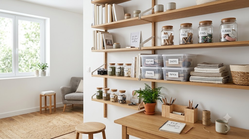 Intérieur scandinave épuré et lumineux avec des étagères murales en bois parfaitement ordonnées et des boîtes de rangement claires.