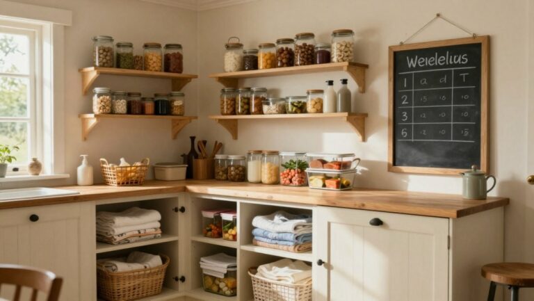 Maison organisée avec routines de grand-mère : planning hebdomadaire, bocaux étiquetés, préparation des repas, rangement méthodique pour gagner du temps au quotidien