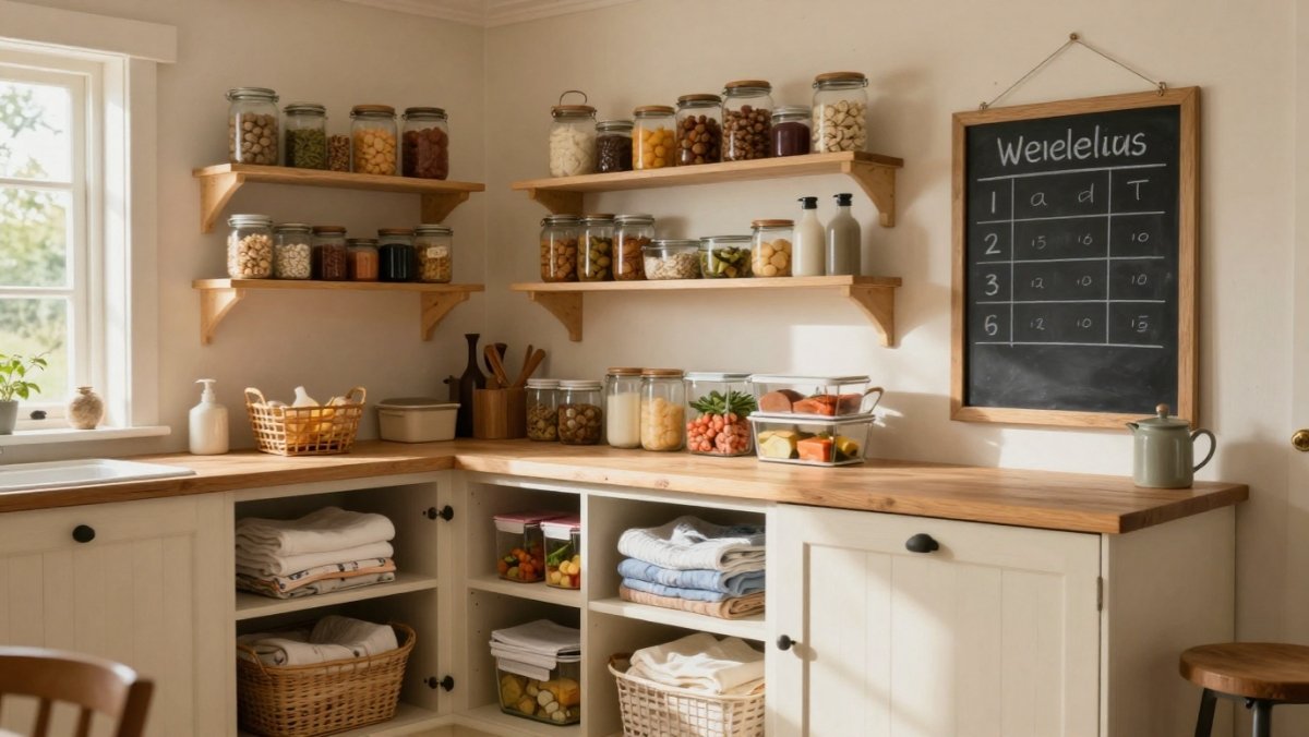 Maison organisée avec routines de grand-mère : planning hebdomadaire, bocaux étiquetés, préparation des repas, rangement méthodique pour gagner du temps au quotidien