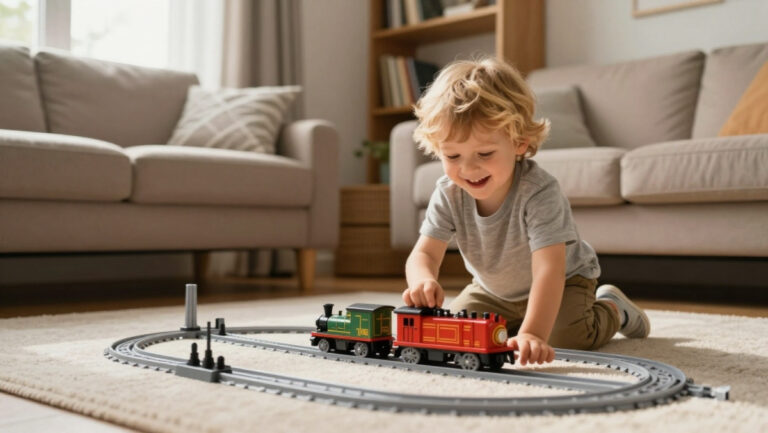 Un petit garçon qui joue avec un train électrique miniature sur un tapis dans un salon