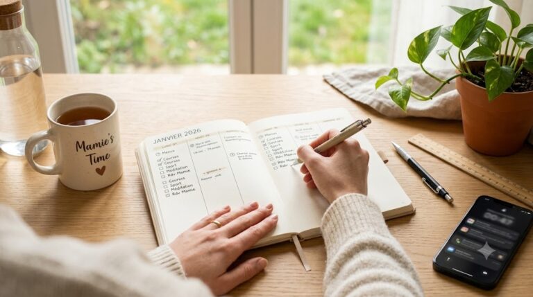 Une personne remplit son agenda hebdomadaire de planification (DIY) sur un bureau en bois clair, avec un café 'Mamie's Time' et une plante.