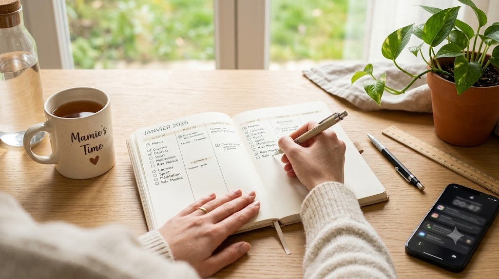 Une personne remplit son agenda hebdomadaire de planification (DIY) sur un bureau en bois clair, avec un café 'Mamie's Time' et une plante.
