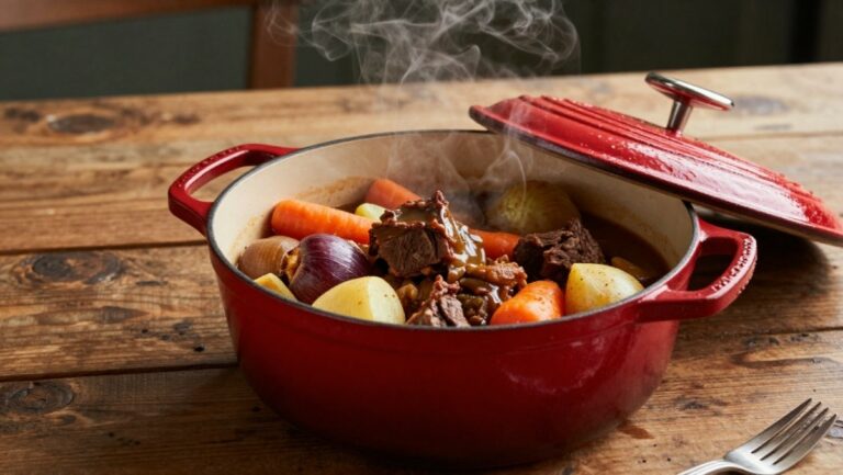 Cocotte en fonte traditionnelle fumant sur une table en bois avec un plat mijoté de grand-mère