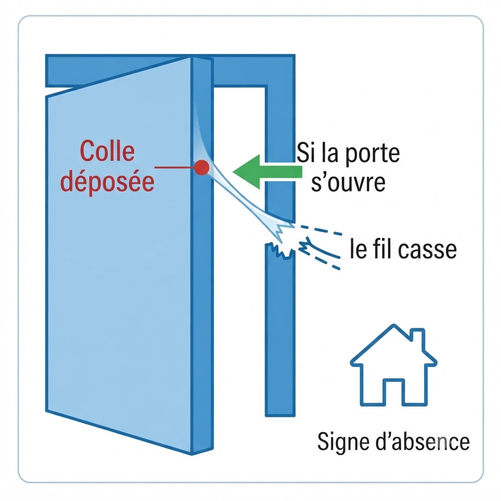Schéma explicatif montrant comment fonctionne un point de colle sur une porte pour tester l'occupation d'un logement par les cambrioleurs