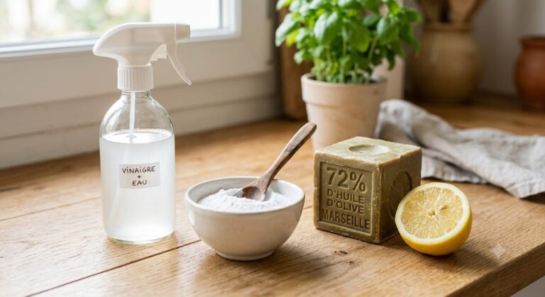 Flacon pulvérisateur maison et ingrédients naturels pour faire ses produits ménagers selon les astuces de grand-mère.