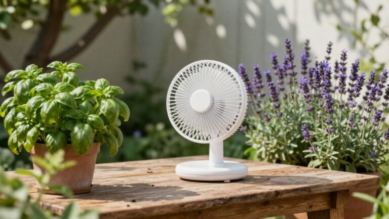 Protection naturelle contre les moustiques dans un jardin d'été avec ventilateur et plantes aromatiques.