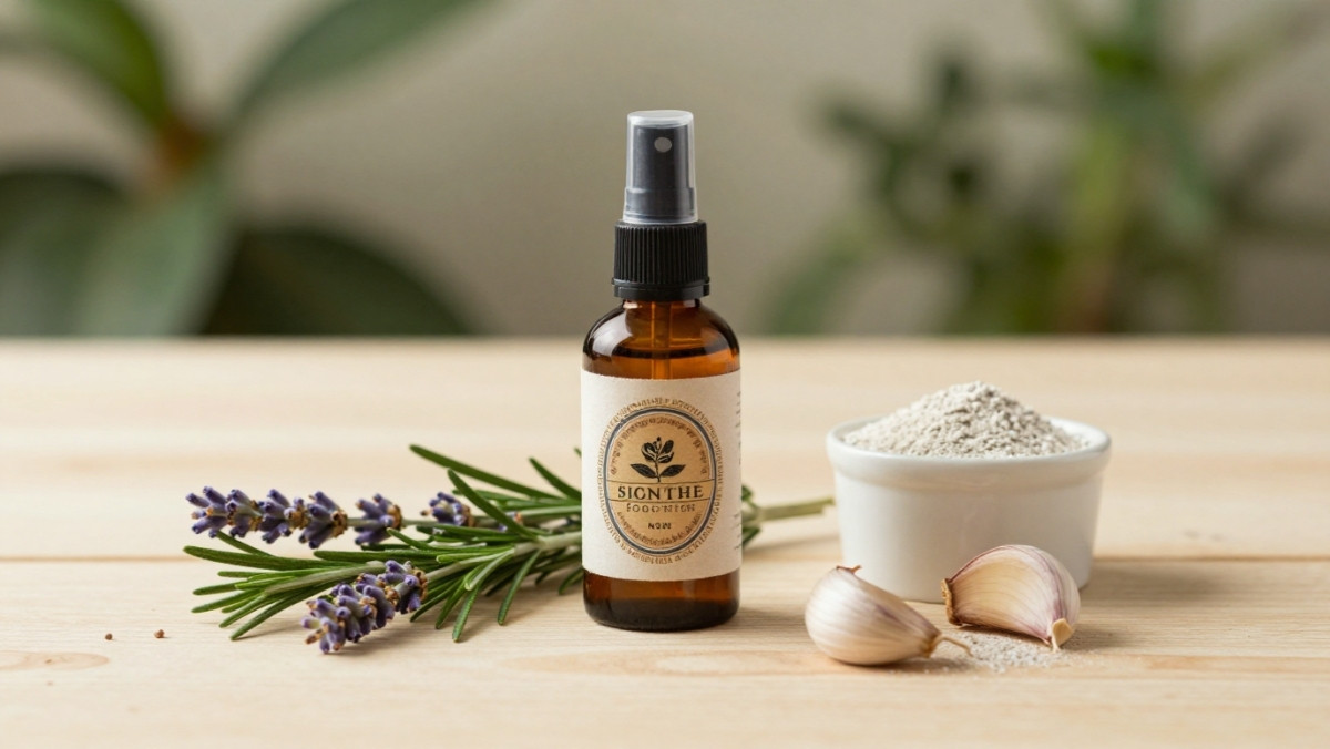Personne appliquant un spray répulsif naturel sur son chien dans un jardin verdoyant pour prévenir les tiques.