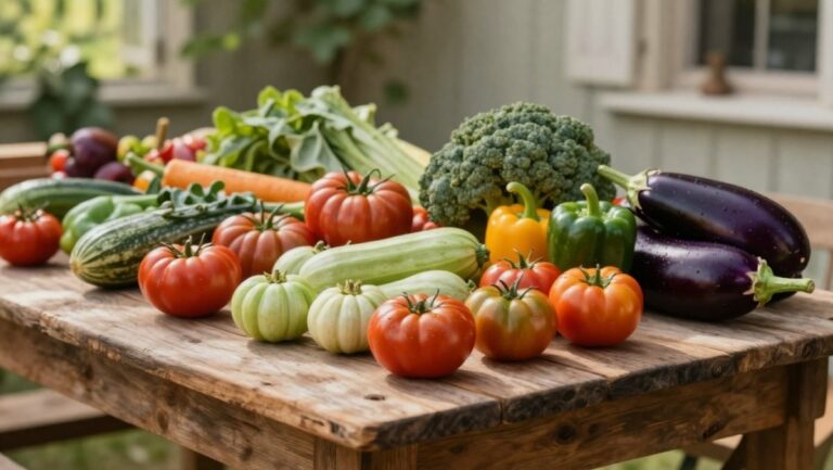 Table de ferme rustique garnie de légumes d'été anciens et colorés pour des recettes d'antan.