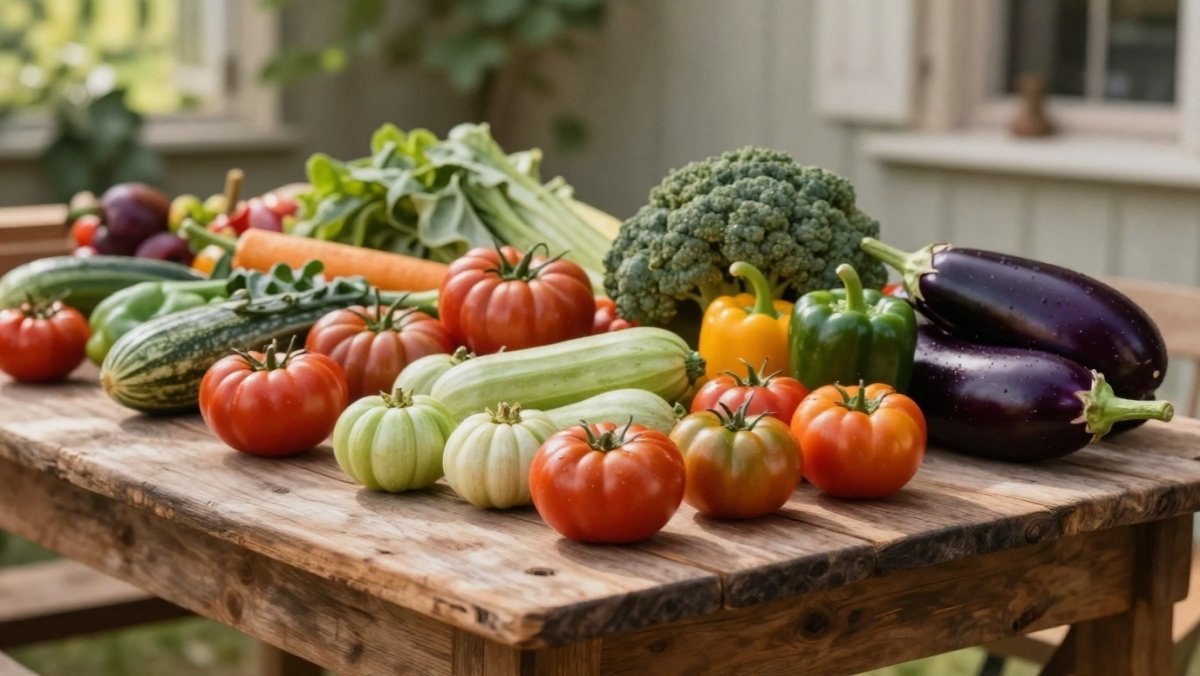 Table de ferme rustique garnie de légumes d'été anciens et colorés pour des recettes d'antan.