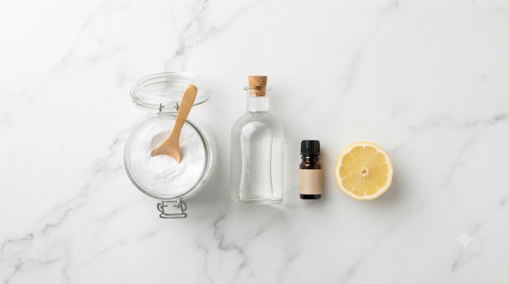 Pot de bicarbonate de soude avec cuillère en bois, bouteille de vinaigre blanc et huile essentielle sur un plan de travail en marbre blanc, représentant le kit de nettoyage écologique fait maison.