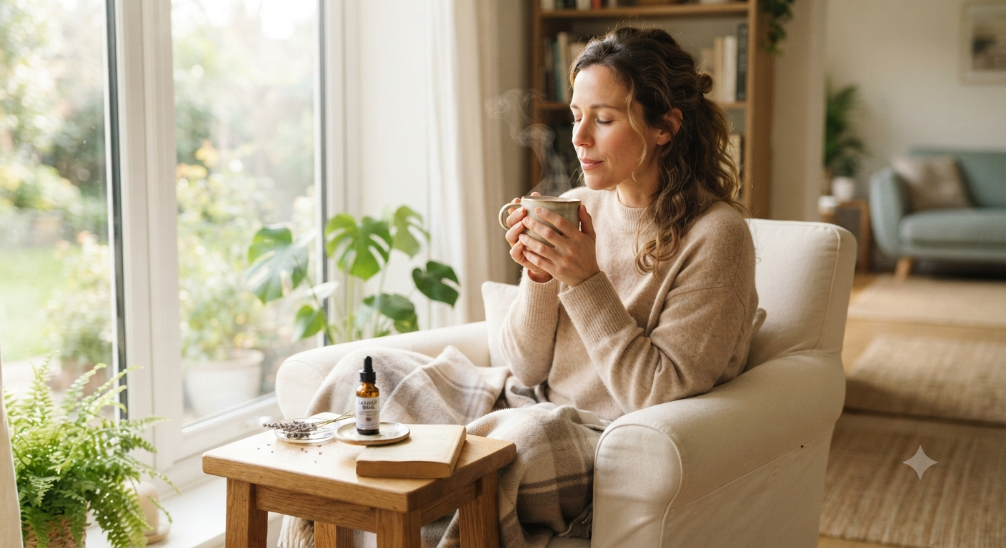 Femme détendue assise près d'une fenêtre tenant une tasse de tisane fumante, avec un flacon d'huile essentielle de lavande sur la table pour soulager le mal de tête.