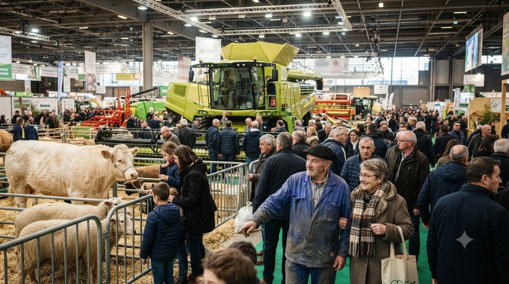 Foule au salon de l'agriculture de Paris avec animaux de ferme et machines agricoles dont une grande batteuse, couple de paysans âgés visitant l'exposition, illustrant le contexte de la blague humoristique sur Marcel et Germaine.
