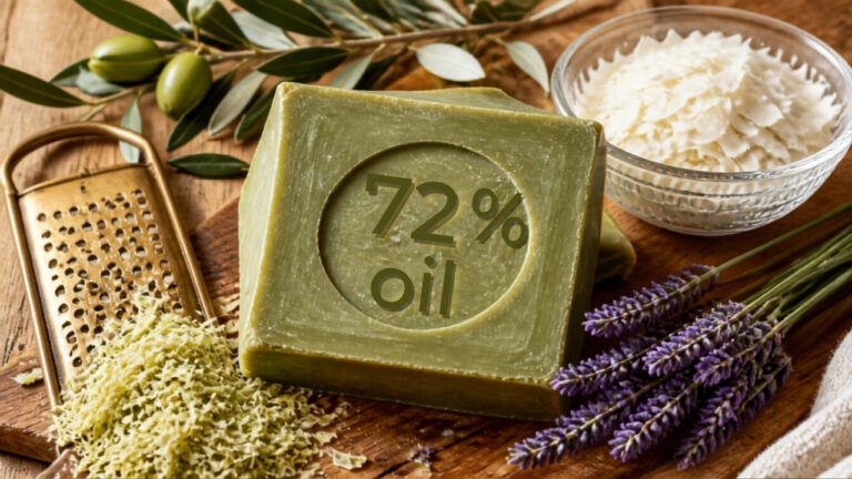 Bloc de savon de Marseille vert à l'huile d'olive estampillé 72% d'huile avec râpe, copeaux de savon, brins de lavande et branches d'olivier sur table en bois rustique, illustrant les utilisations naturelles du savon de Marseille pour le nettoyage écologique de la maison.