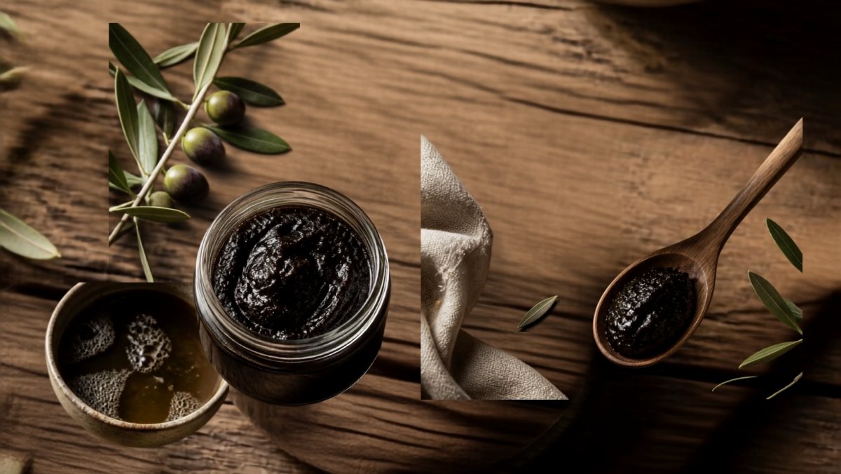 Pot de savon noir en pâte avec cuillère en bois, branches d'olivier et solution diluée sur table en bois rustique, illustrant le nettoyage écologique et naturel de la maison avec du savon noir à l'huile d'olive.