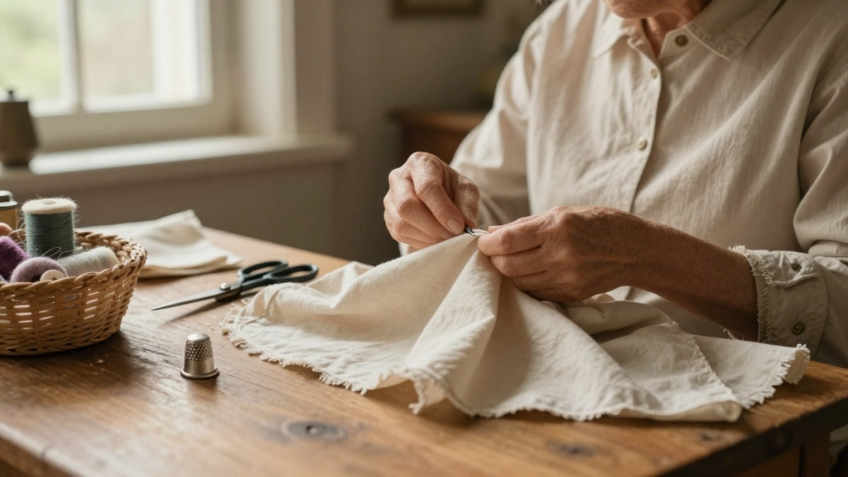 Mains d'une couturière réparant un vêtement avec aiguille et fil, techniques ancestrales de raccommodage et stoppage sur table en bois avec accessoires de couture traditionnels