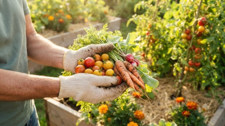 Jardinier tenant une récolte de légumes frais dans un potager naturel et productif