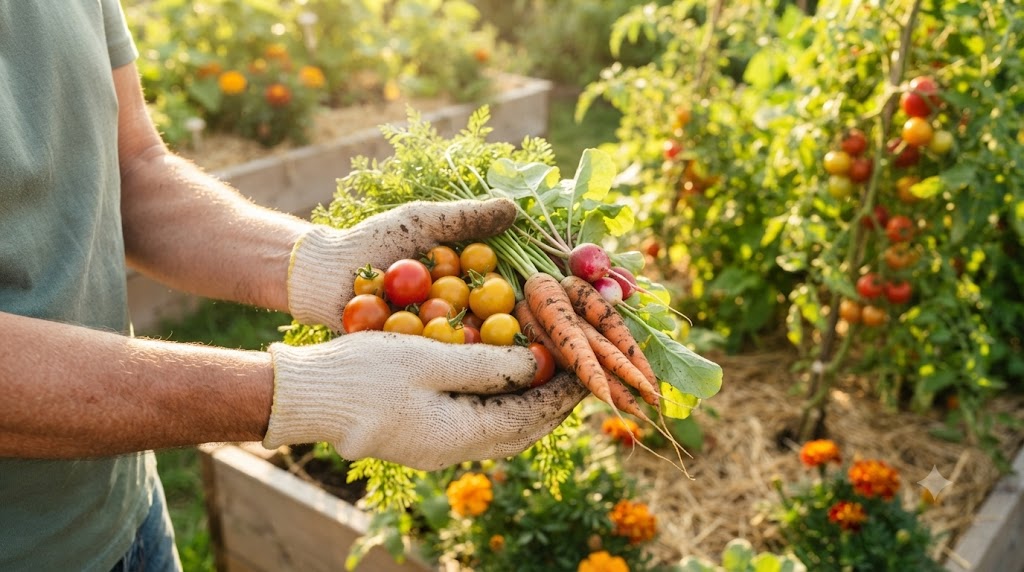 Jardinier tenant une récolte de légumes frais dans un potager naturel et productif