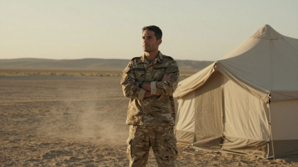 Un soldat en uniforme dans un campement militaire au milieu du désert près d'une tente