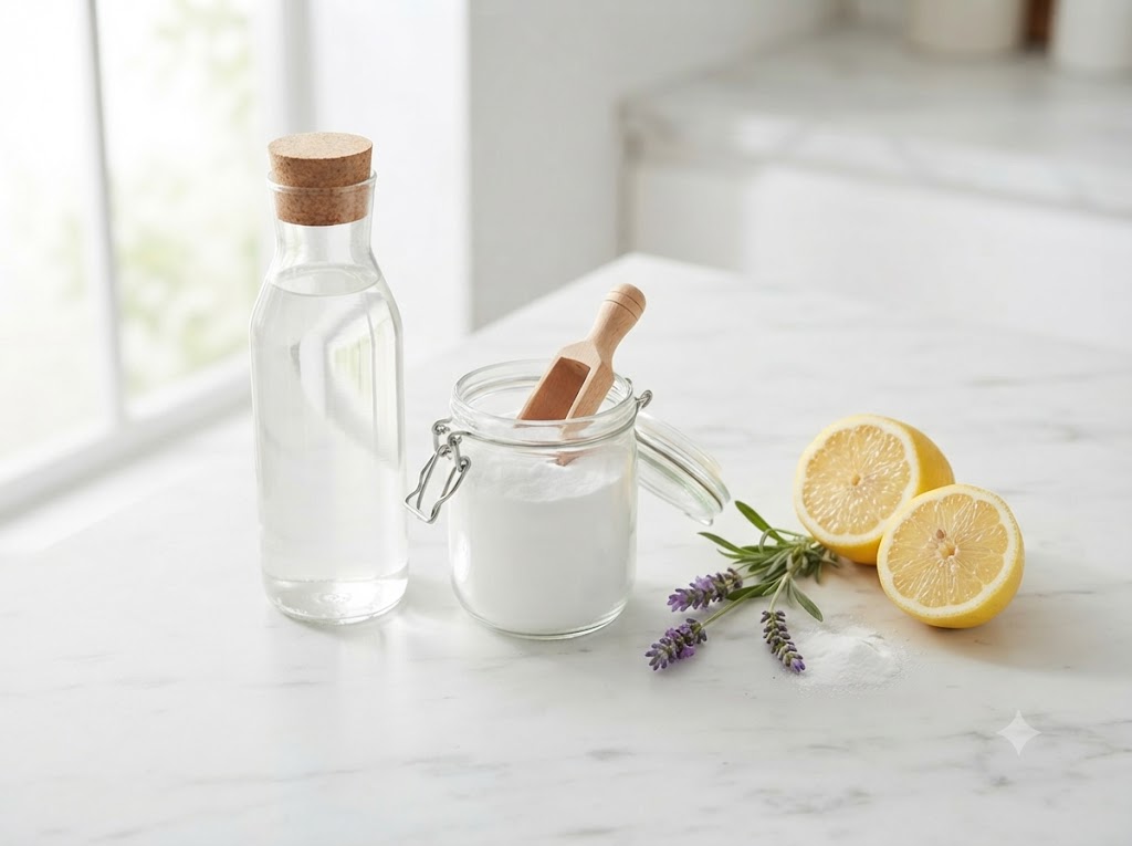 Bouteille de vinaigre blanc et pot de bicarbonate de soude sur comptoir de cuisine en marbre blanc avec citron et lavande, les deux produits naturels indispensables pour nettoyer sa maison écologiquement et économiquement