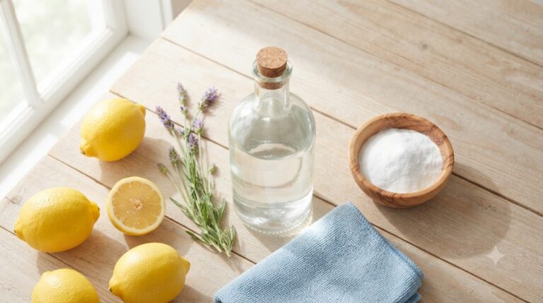 Bouteille en verre de vinaigre blanc entourée de citrons frais, de lavande et d'un chiffon microfibre sur une table en bois clair, illustrant le nettoyage écologique et naturel de la maison.