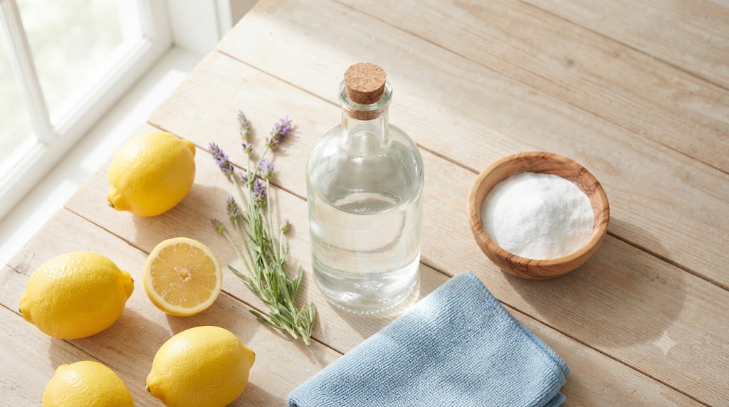 Bouteille en verre de vinaigre blanc entourée de citrons frais, de lavande et d'un chiffon microfibre sur une table en bois clair, illustrant le nettoyage écologique et naturel de la maison.