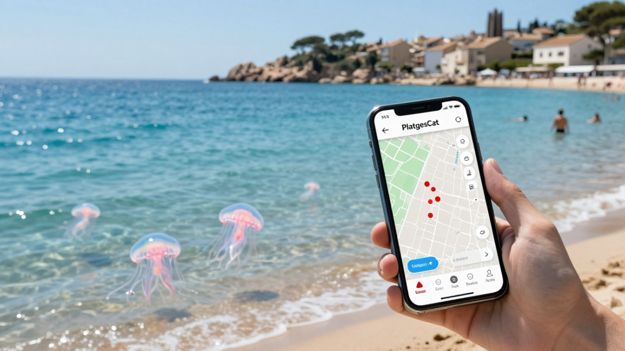 Une main tient un smartphone affichant la carte interactive de l'application PlatgesCat avec des alertes méduses rouges, sur une plage ensoleillée de la Costa Brava avec la mer Méditerranée en arrière-plan.