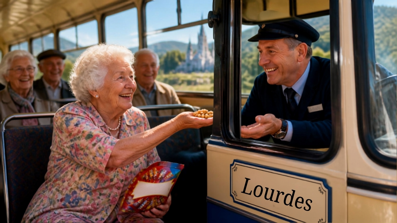 Grand-mère souriante offrant des cacahuètes au chauffeur de bus dans un bus pour Lourdes – blague du jour humoristique sur les M&M's et les mamies