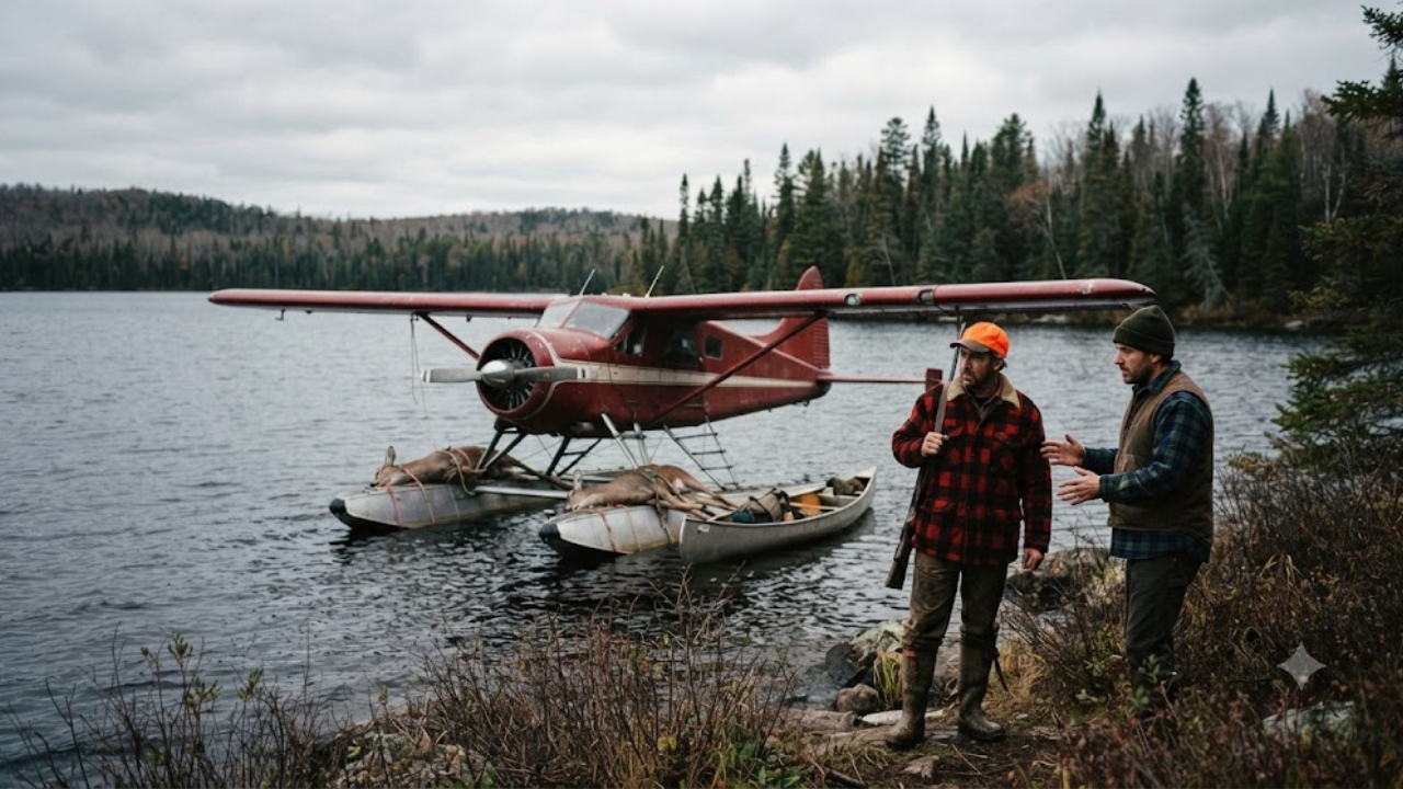 Deux chasseurs inquiets devant un hydravion surchargé de cerfs sur un lac canadien – blague du jour humoristique