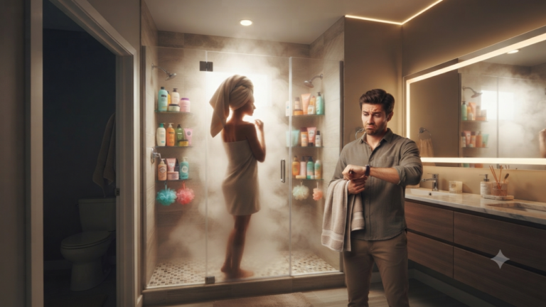Femme sous la douche avec de nombreux produits de beauté et homme souriant attendant devant la porte – blague humoristique sur les différences de routine homme/femme