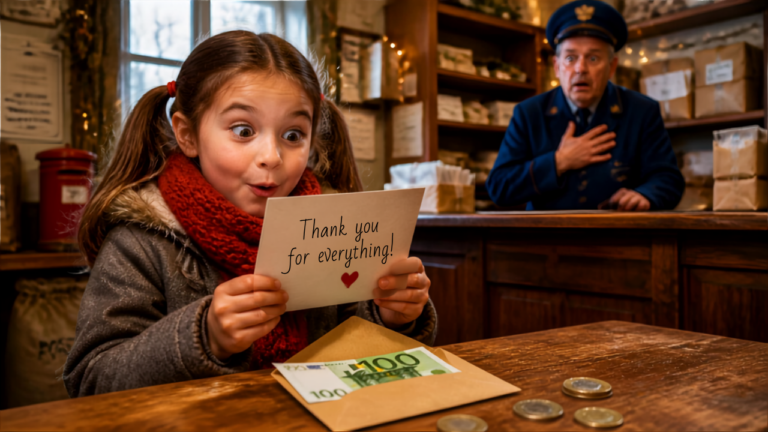 Petite fille tenant une lettre avec un billet de 100 euros sur la table devant un facteur choqué – blague du jour sur une lettre au Père Noël et l'ingratitude enfantine