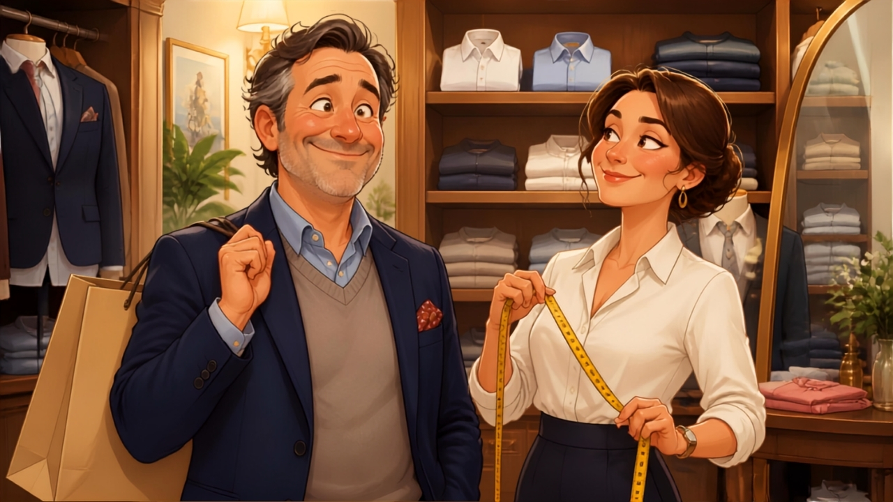 Illustration humoristique pour la blague du mal de tête : Raymond chez le tailleur face à la vendeuse.