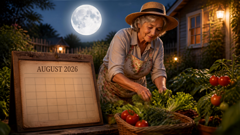 Grand-mère jardinant dans son potager sous la pleine lune avec un calendrier lunaire 2026 – guide complet pour jardiner avec la lune