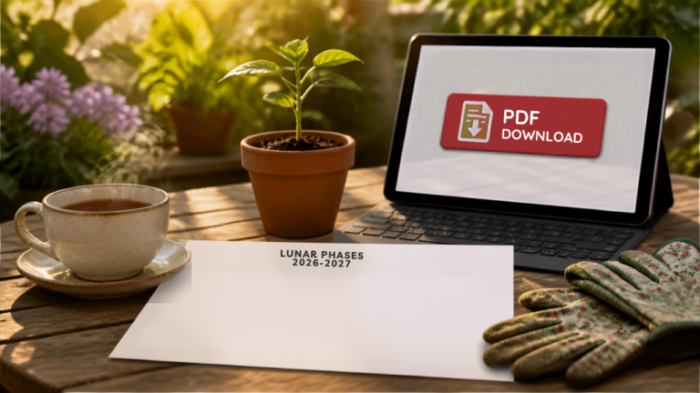 Calendrier lunaire jardinage imprimé sur une table avec une tasse de thé et des gants de jardinage – PDF gratuit à télécharger