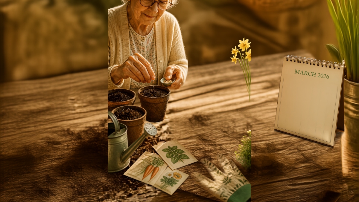 Mains semant des graines avec un calendrier 2026 – overlay texte "CALENDRIER DES SEMIS 2026 - MOIS PAR MOIS POUR UN POTAGER PRODUCTIF" – article Grandsmeres.net