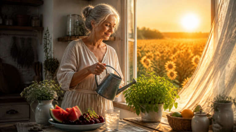 Grand-mère souriante dans sa cuisine fraîche avec vue sur un champ de tournesols sous un soleil brûlant – astuces de grand-mère pour économiser l'énergie et rafraîchir sa maison pendant la canicule 2026