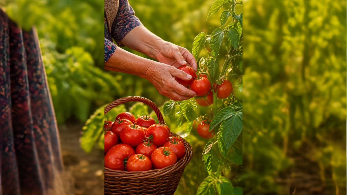Mains de grand-mère cueillant des tomates rouges dans un jardin ensoleillé – guide complet de la culture des tomates