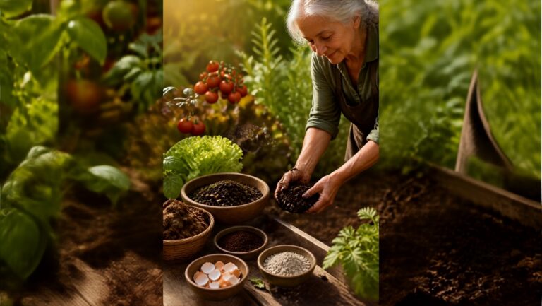 Mains de grand-mère mélangeant du compost dans un potager – guide complet des engrais naturels pour un jardin fertile