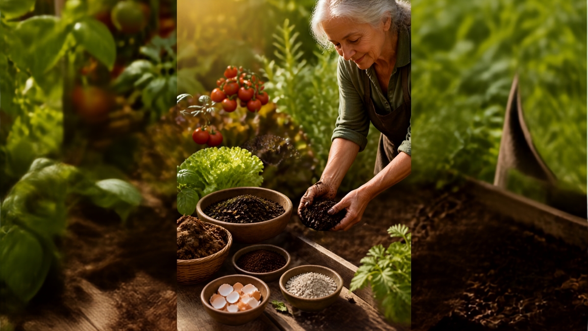 Mains de grand-mère mélangeant du compost dans un potager – guide complet des engrais naturels pour un jardin fertile