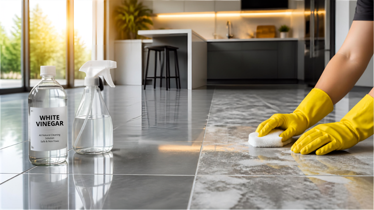 Nettoyage de laitance sur carrelage grès cérame avec une éponge et du vinaigre blanc