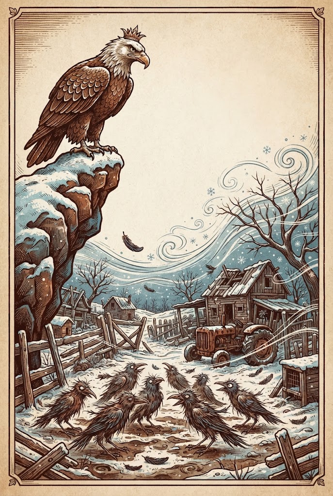 Illustration satirique style gravure ancienne : un aigle couronné perché sur une colline enneigée observe un groupe de corbeaux ébouriffés dans une ferme en ruine.